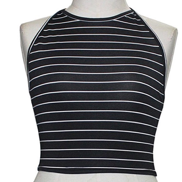 🎀Halter Black and White Striped Cropped Tank SZ S - Picture 3 of 5